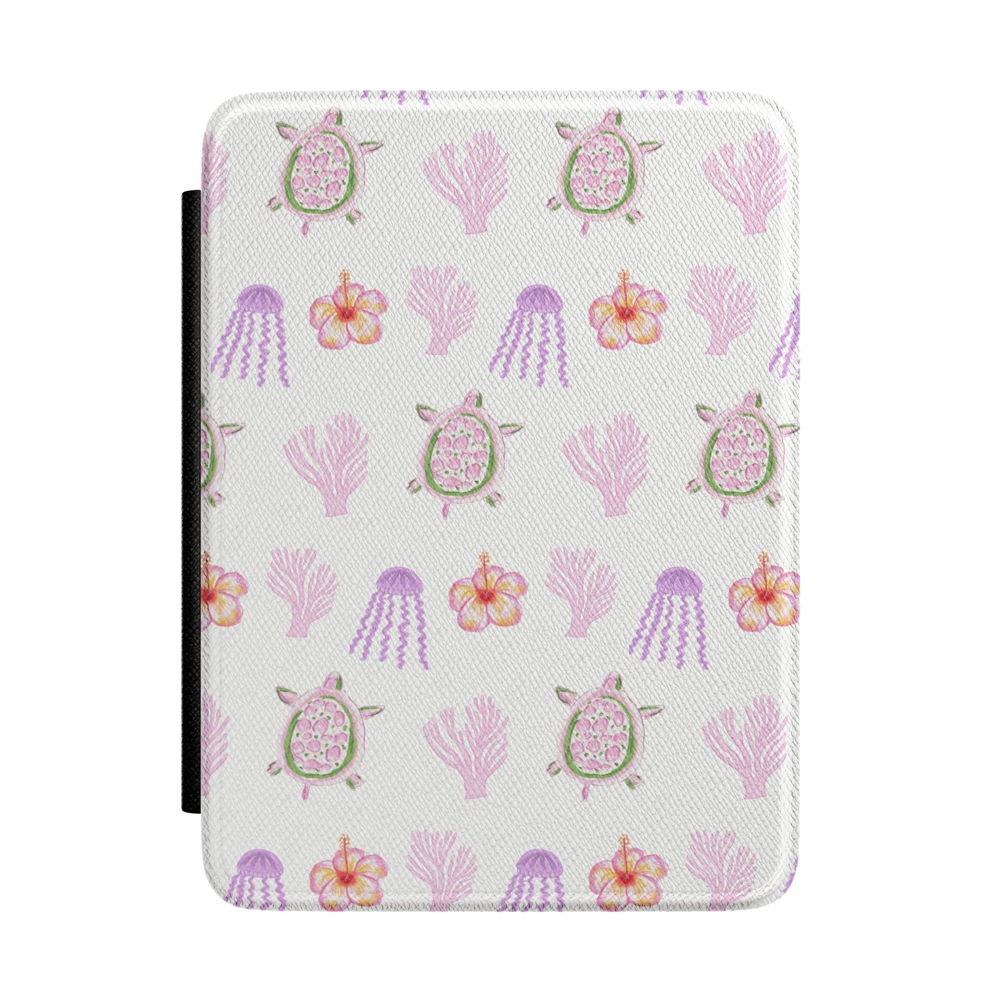 White hardcover Kindle case with colorful sea-life pattern, textured fabric finish
