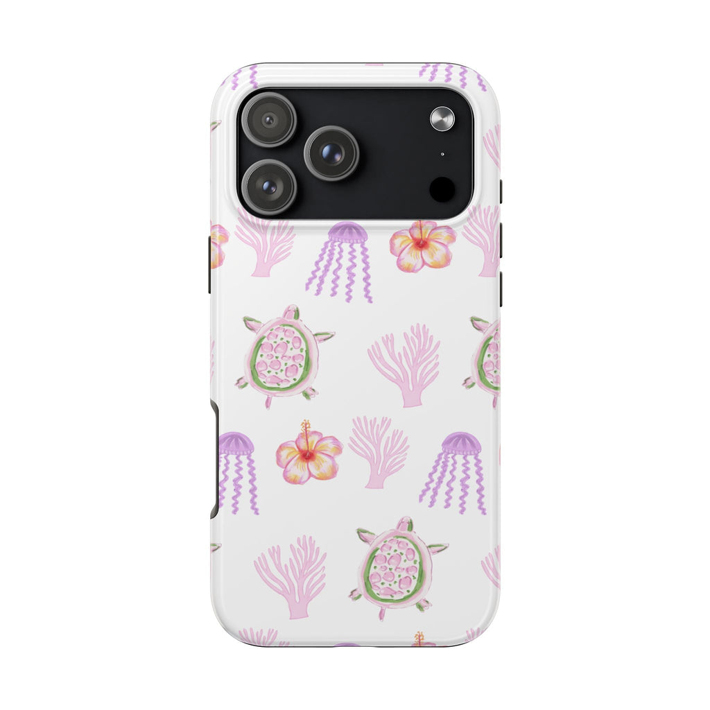 MALIBU COASTLINE phone case with white background and purple sea plants, turtles, and flowers