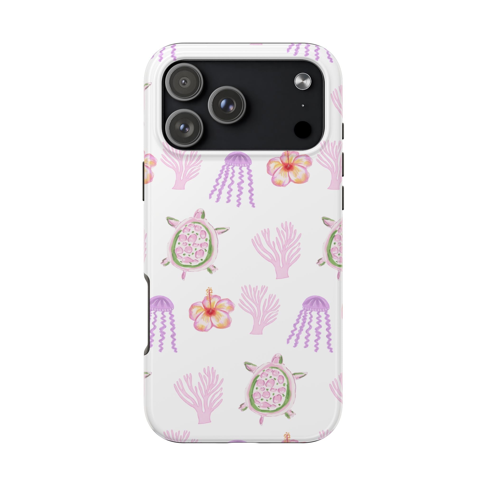 MALIBU COASTLINE phone case with white background and purple sea plants, turtles, and flowers
