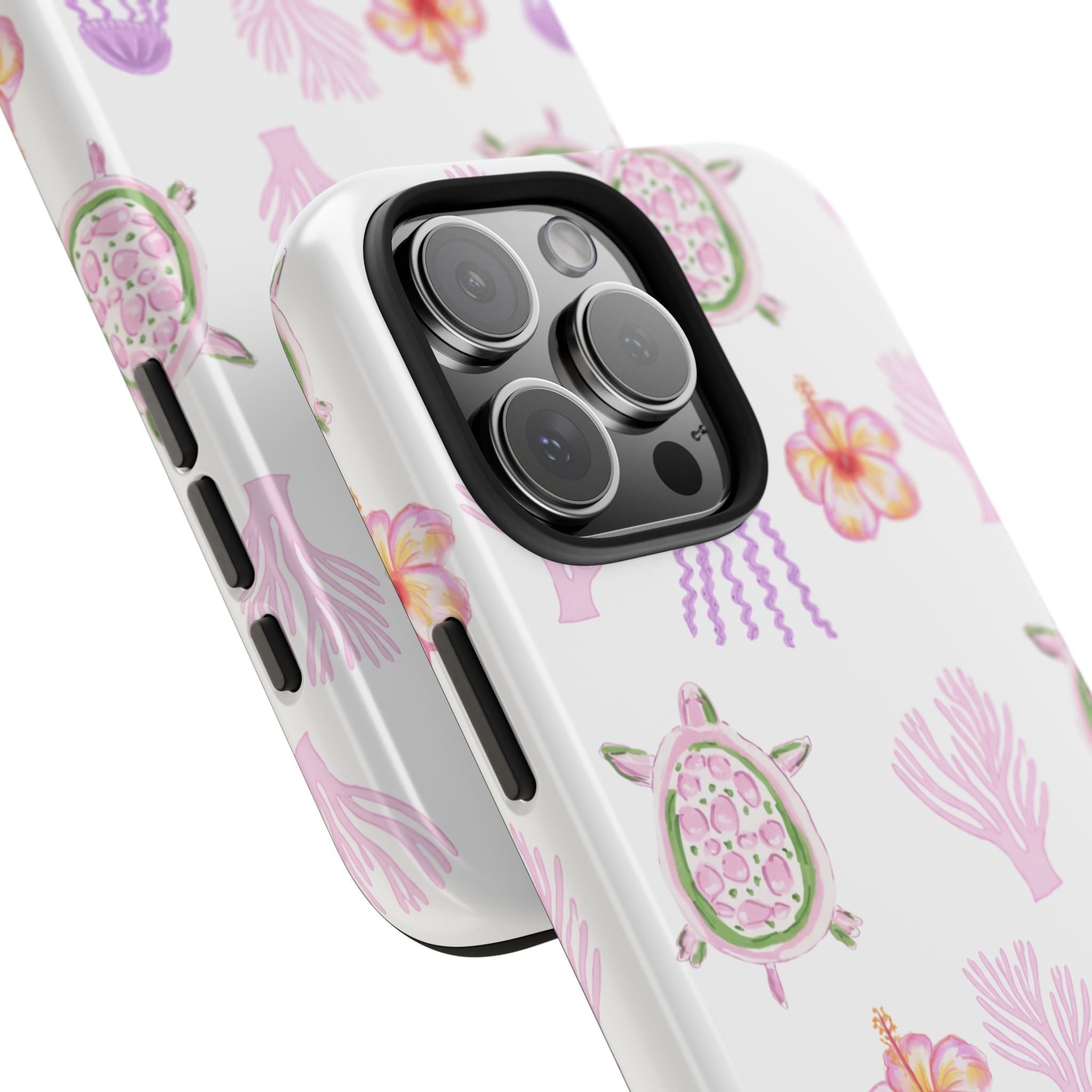 MALIBU COASTLINE phone case close-up of sea turtle and purple coral graphics with camera cutout
