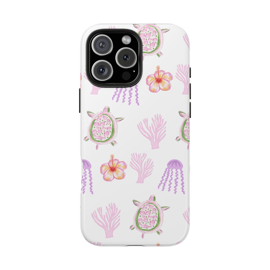MALIBU COASTLINE phone case pattern: purple coral, pink flowers, and sea turtles on white