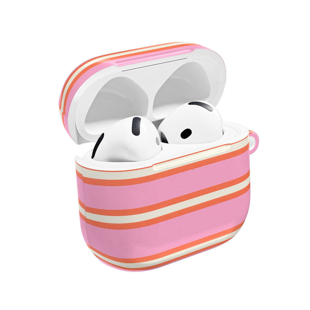 AirPod case with pink and orange-and-white striped design, open to reveal earbuds