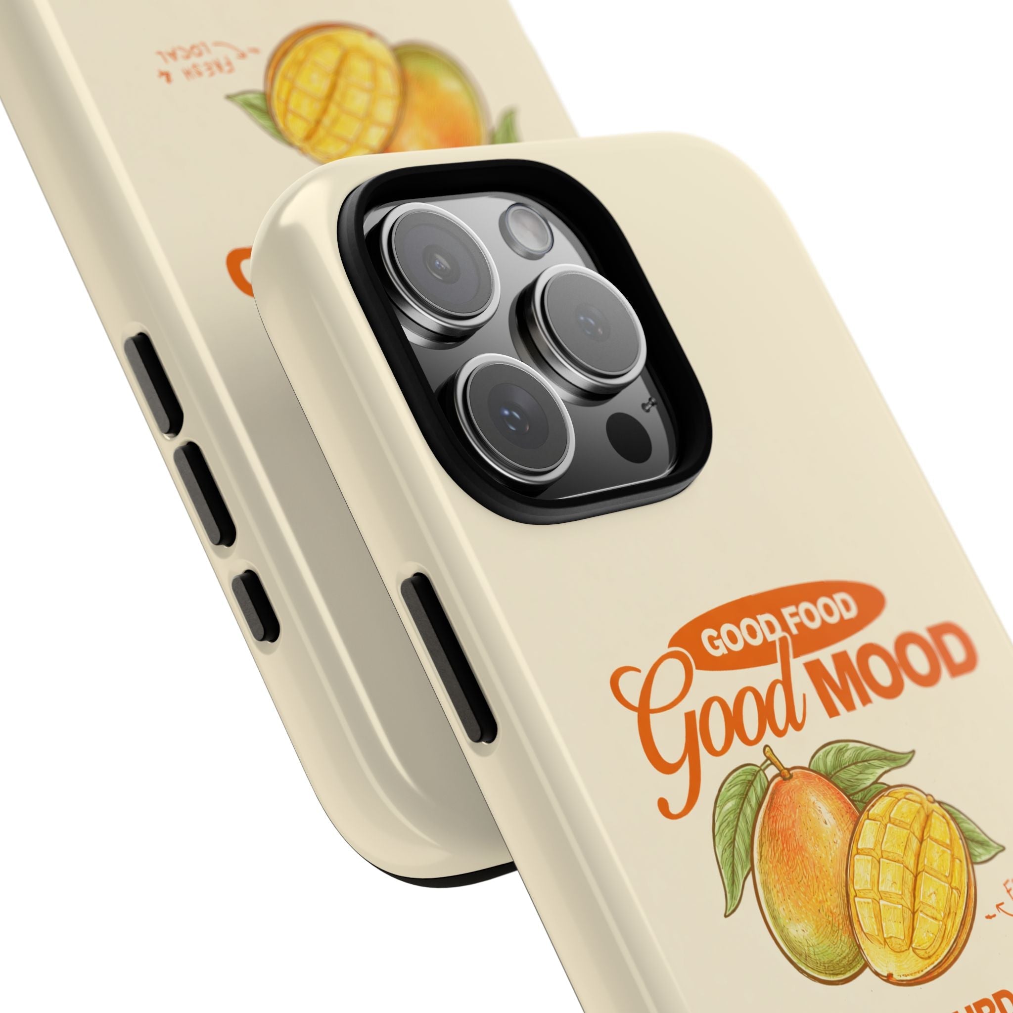 Cream phone case close-up with Good Mood Good Food fruit illustration and camera lenses