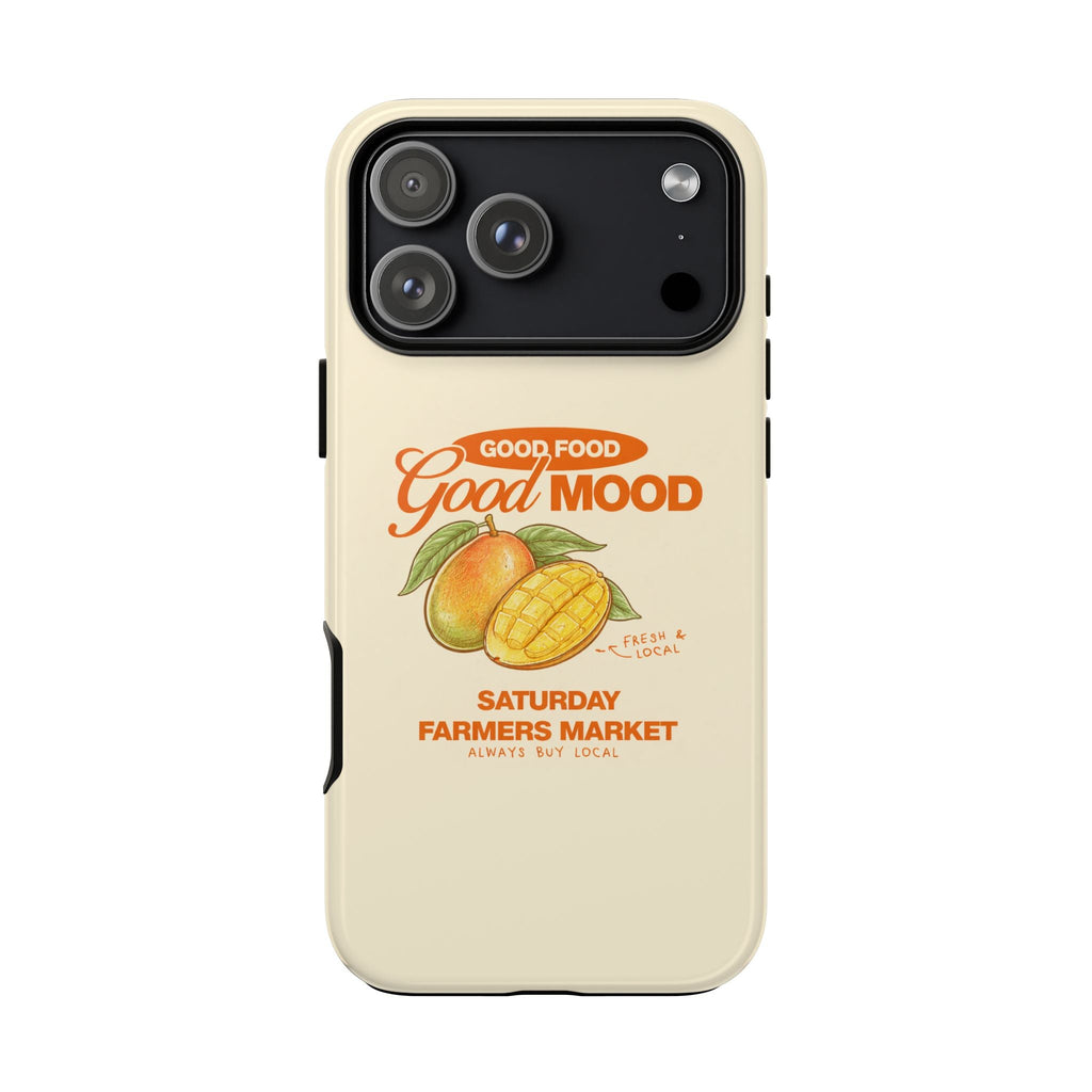 Cream phone case with Good Mood Good Food graphic and raised camera cutout