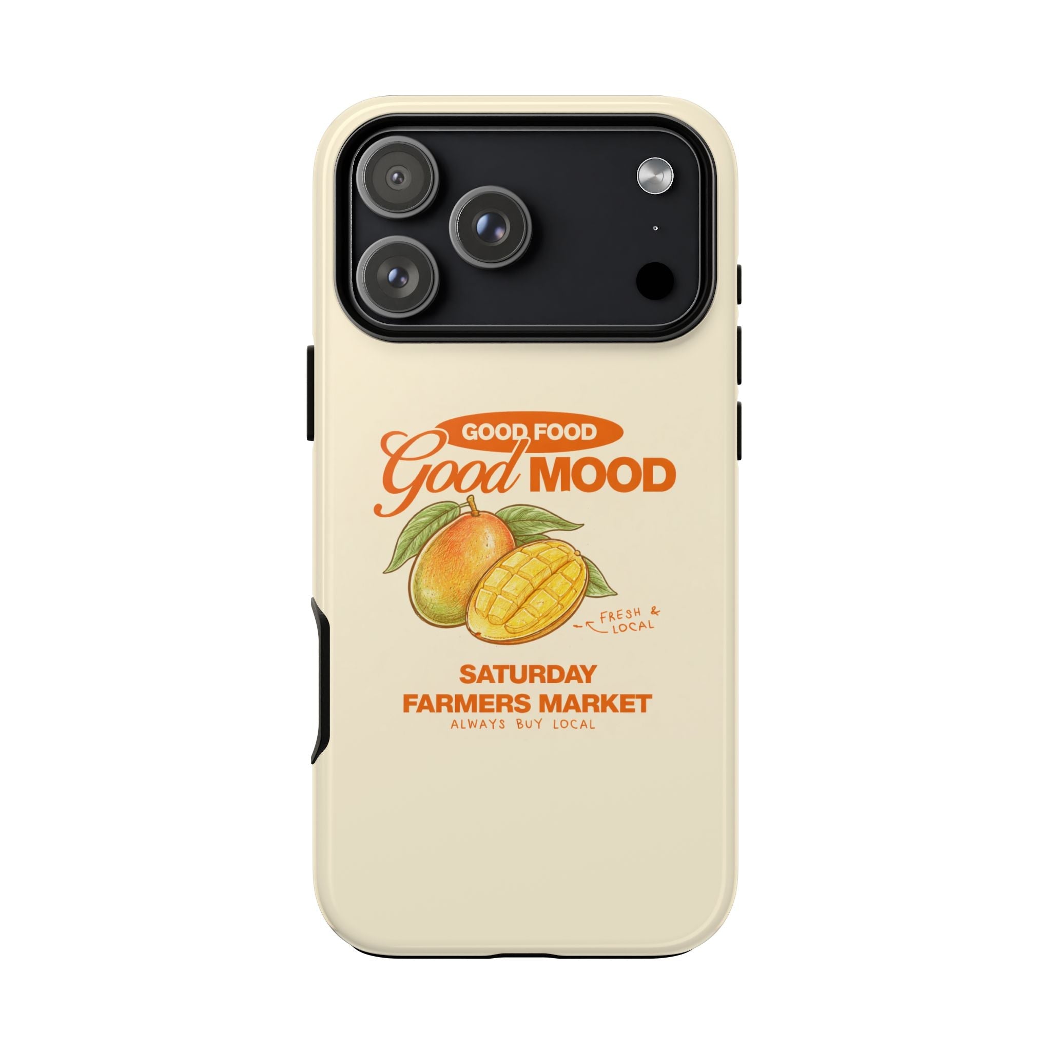 Cream phone case with Good Mood Good Food graphic and raised camera cutout