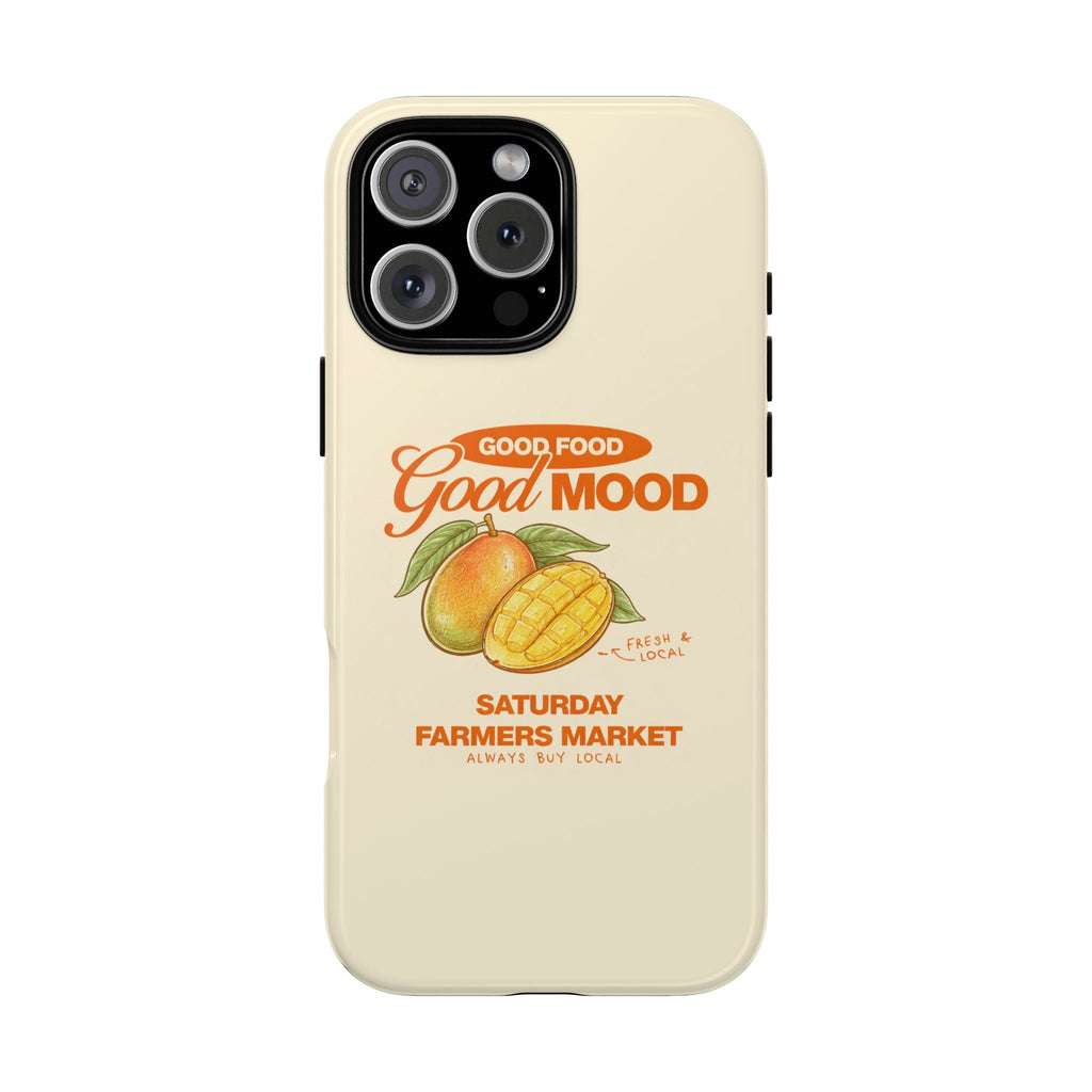 Cream phone case with Good Mood Good Food graphic and Saturday farmers market text