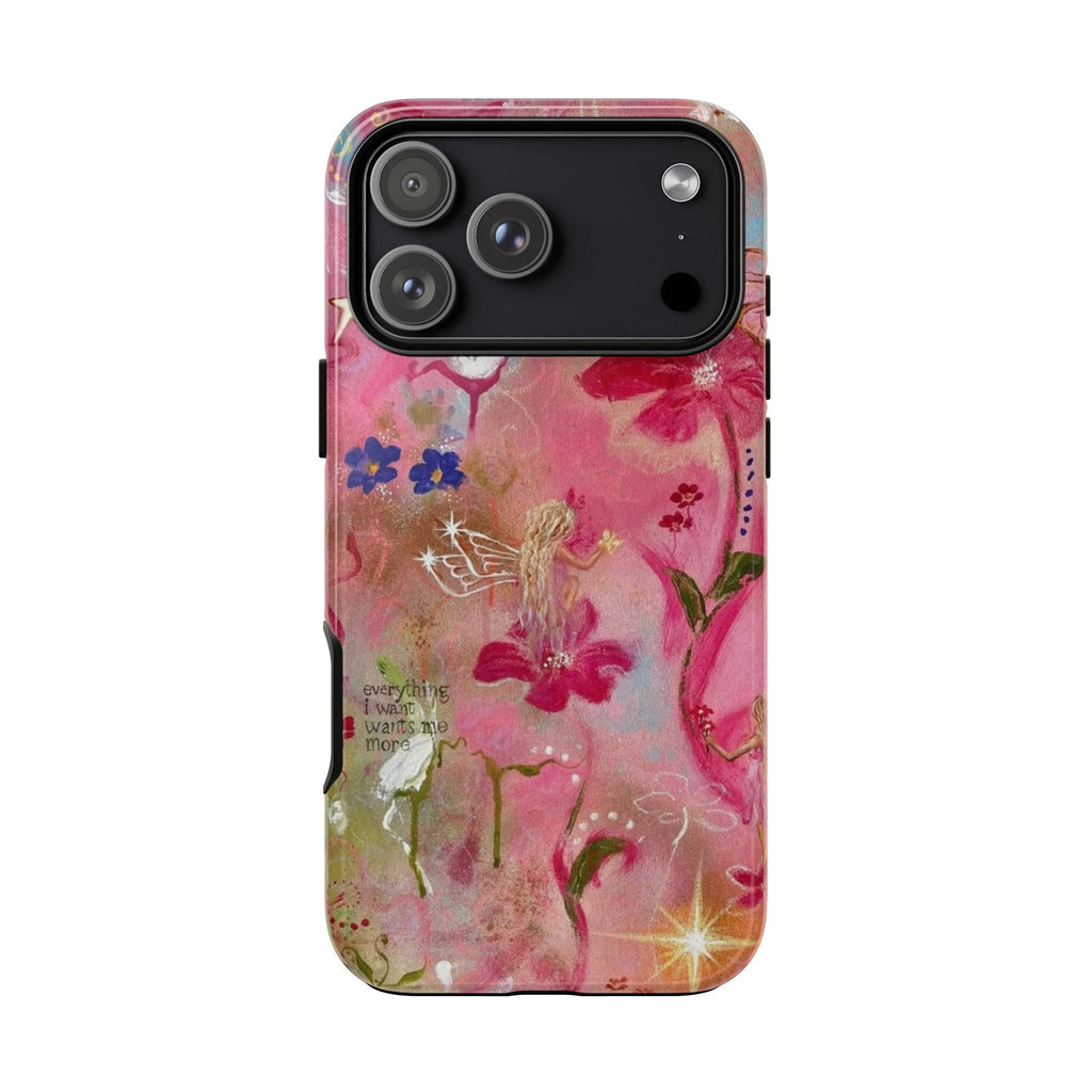 Pink phone case featuring fairy wings, butterflies, and flowers under a black camera cutout