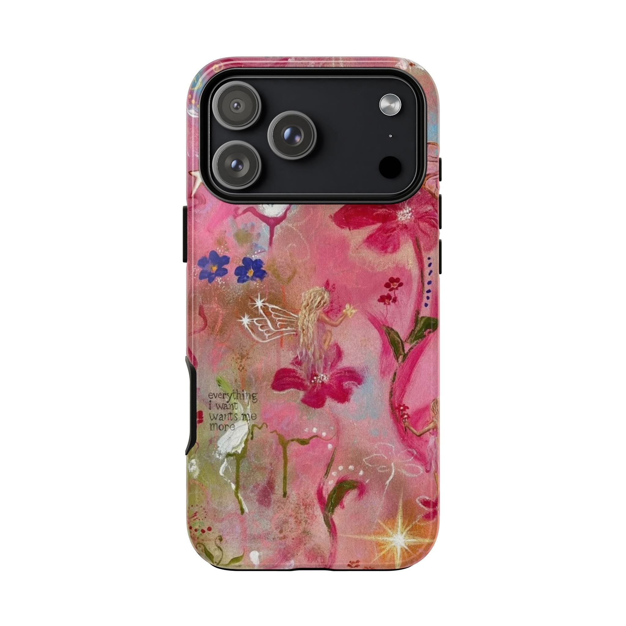 Pink phone case featuring fairy wings, butterflies, and flowers under a black camera cutout