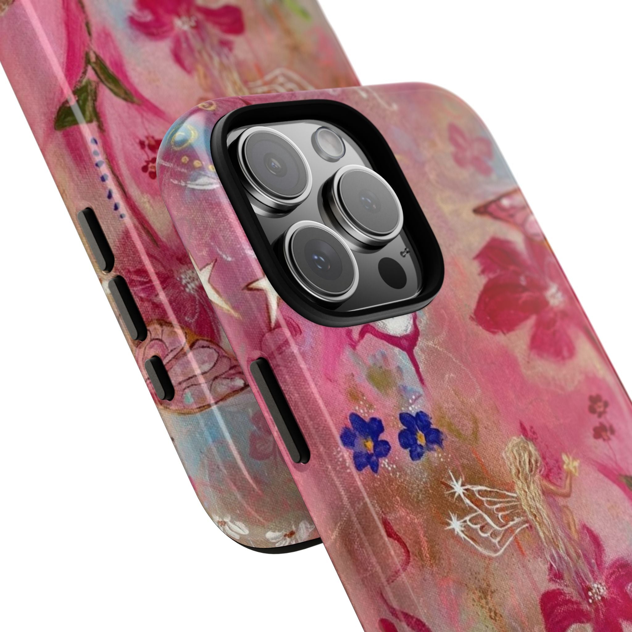 Diagonal view of pink fairy floral phone case with three camera lenses and side button openings
