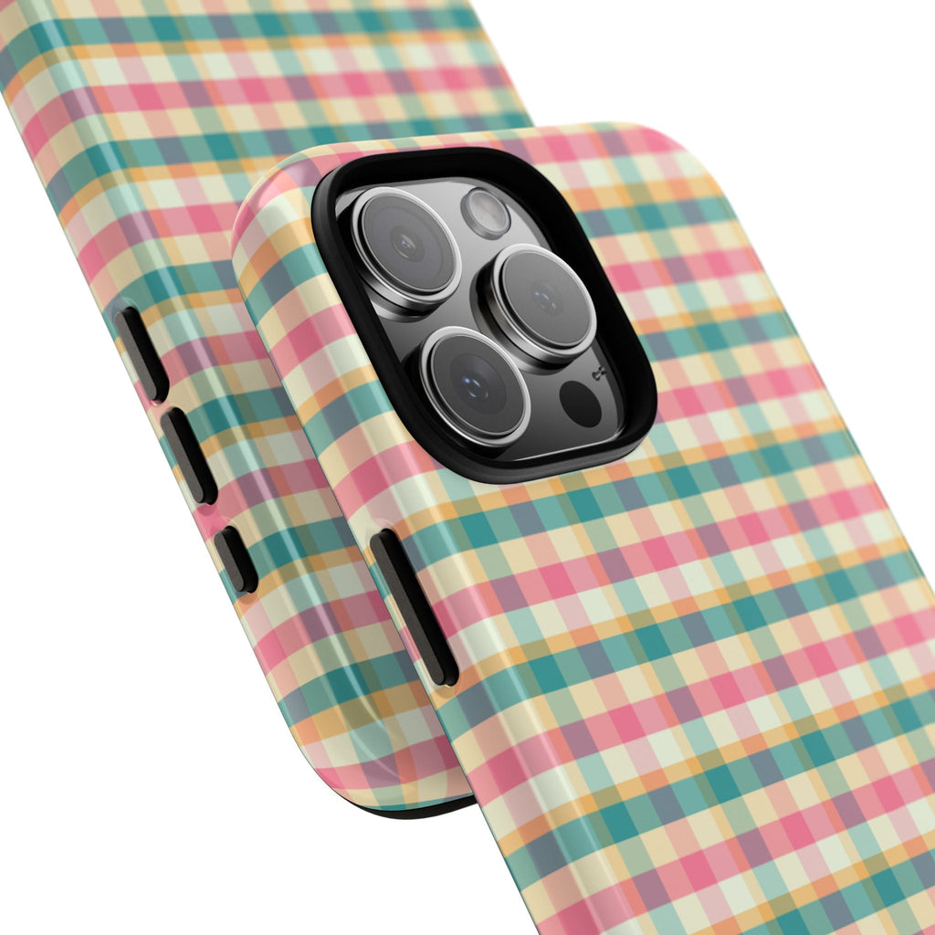 Gingham plaid phone case with teal, pink, and yellow checks and raised camera bump