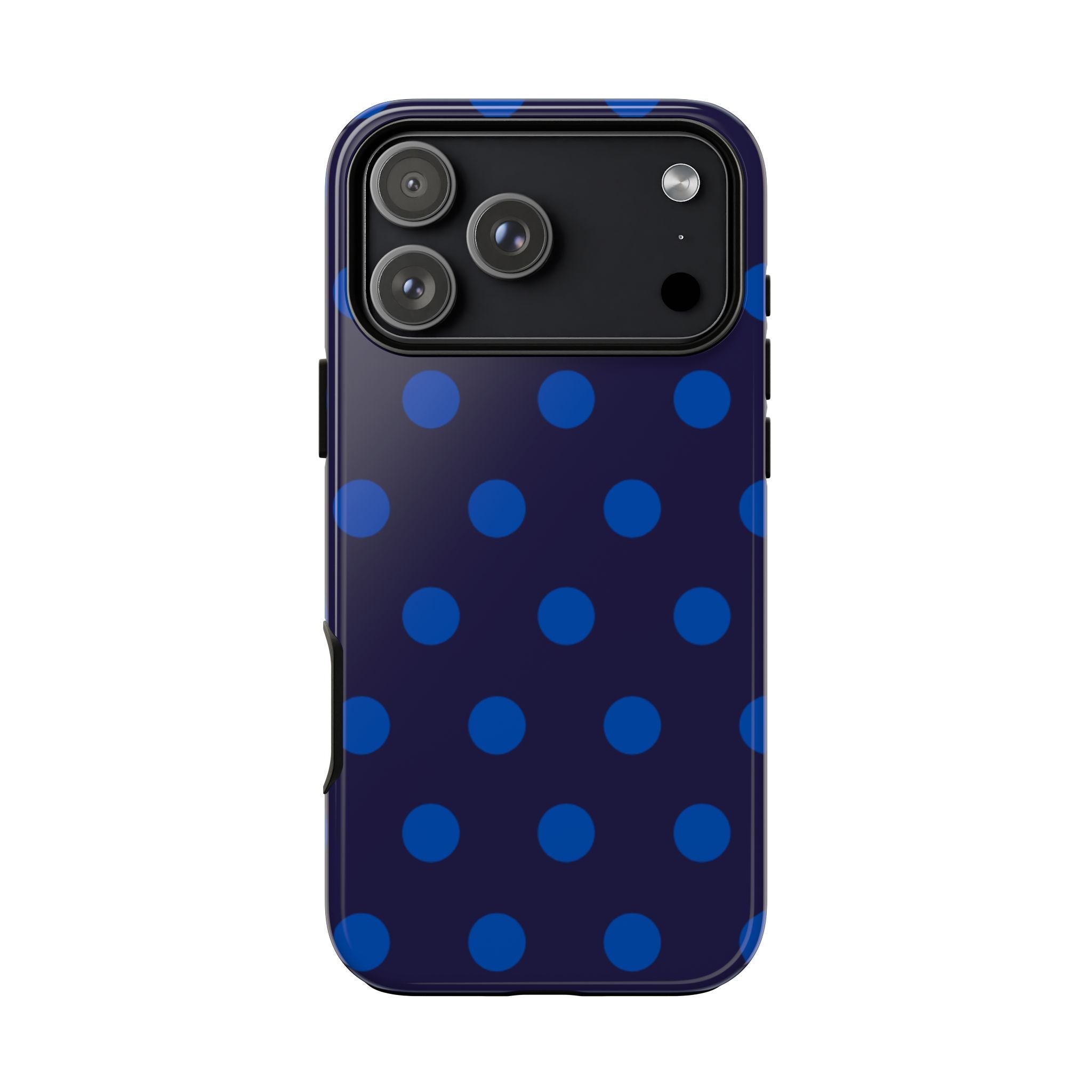 Navy-blue polka dot phone case with camera bump and side buttons
