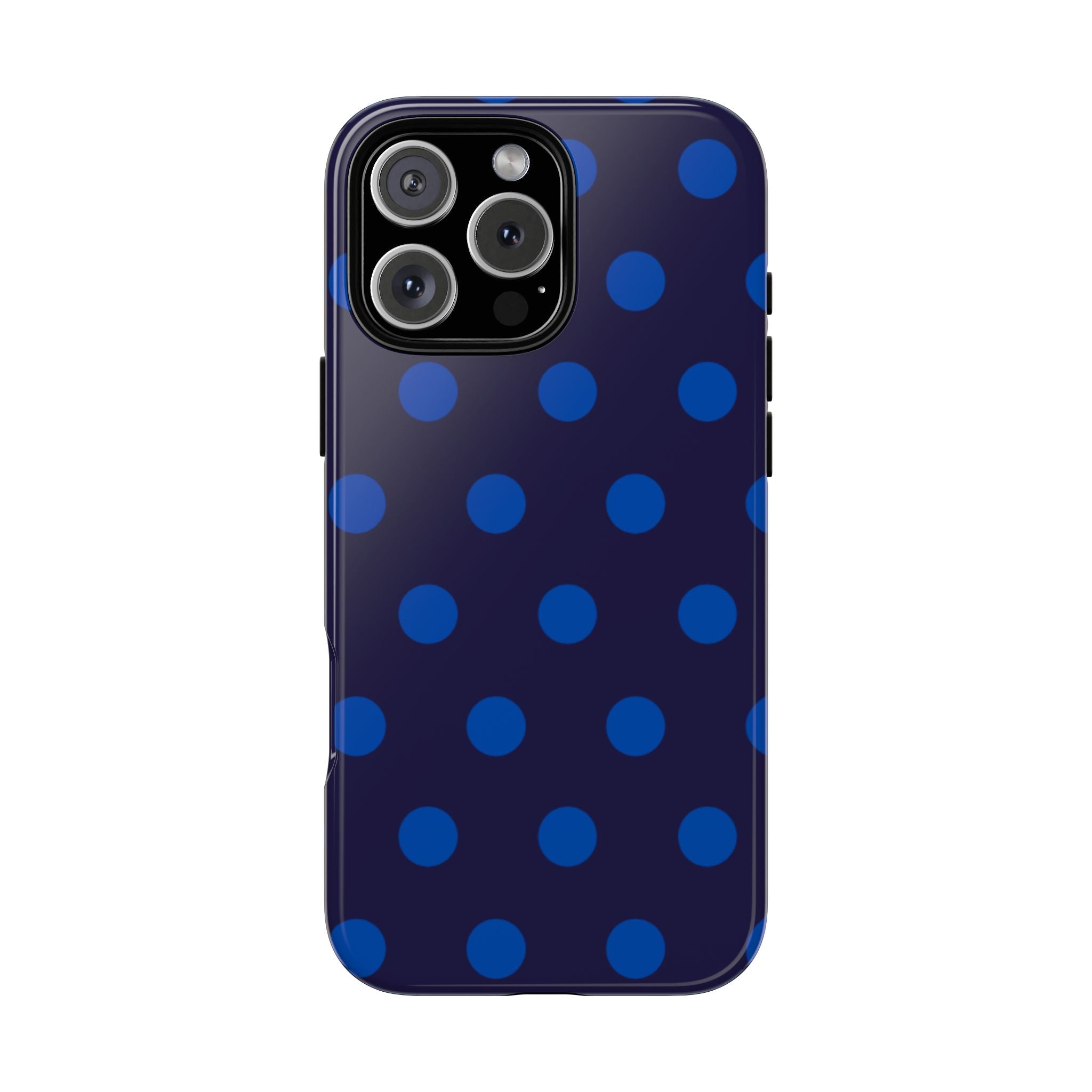 Marine blue phone case with large blue polka dots and camera cutout