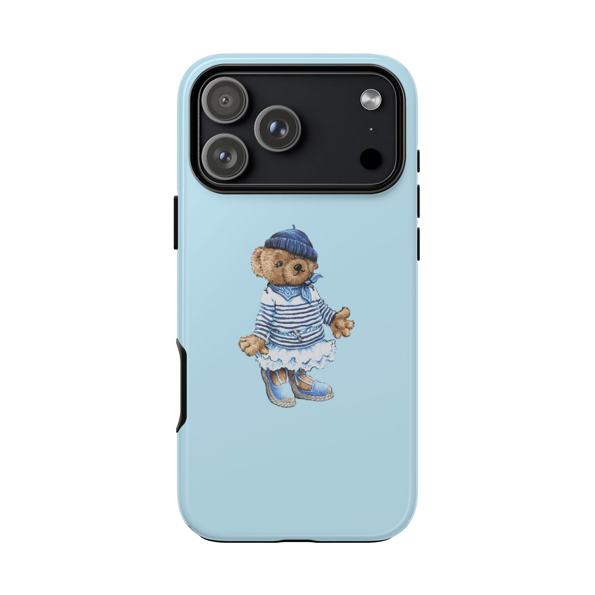 Light blue case showing sailor teddy bear standing, with camera cutout and lens covers