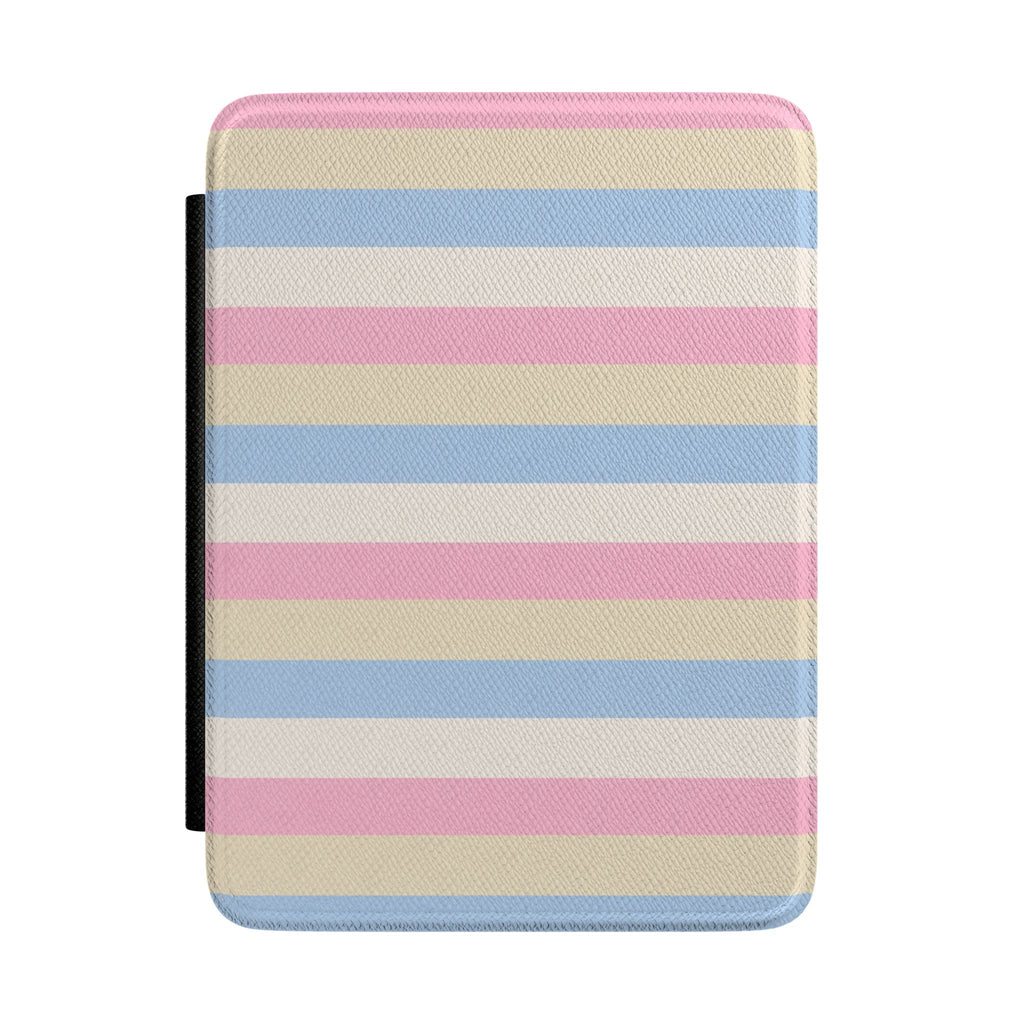 Marshmallow stripes Kindle hardcover case with pink, blue, and cream horizontal bands