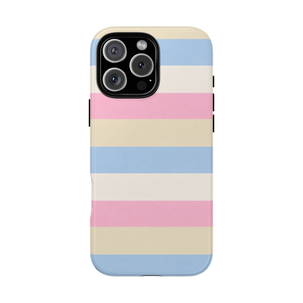 Marshmallow stripes phone case with blue, pink, and cream horizontal stripes