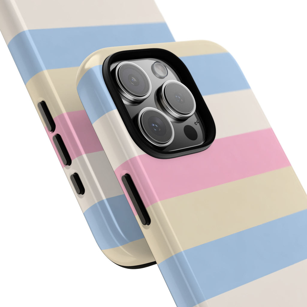 Marshmallow stripes phone case close-up of camera cutout and side button openings