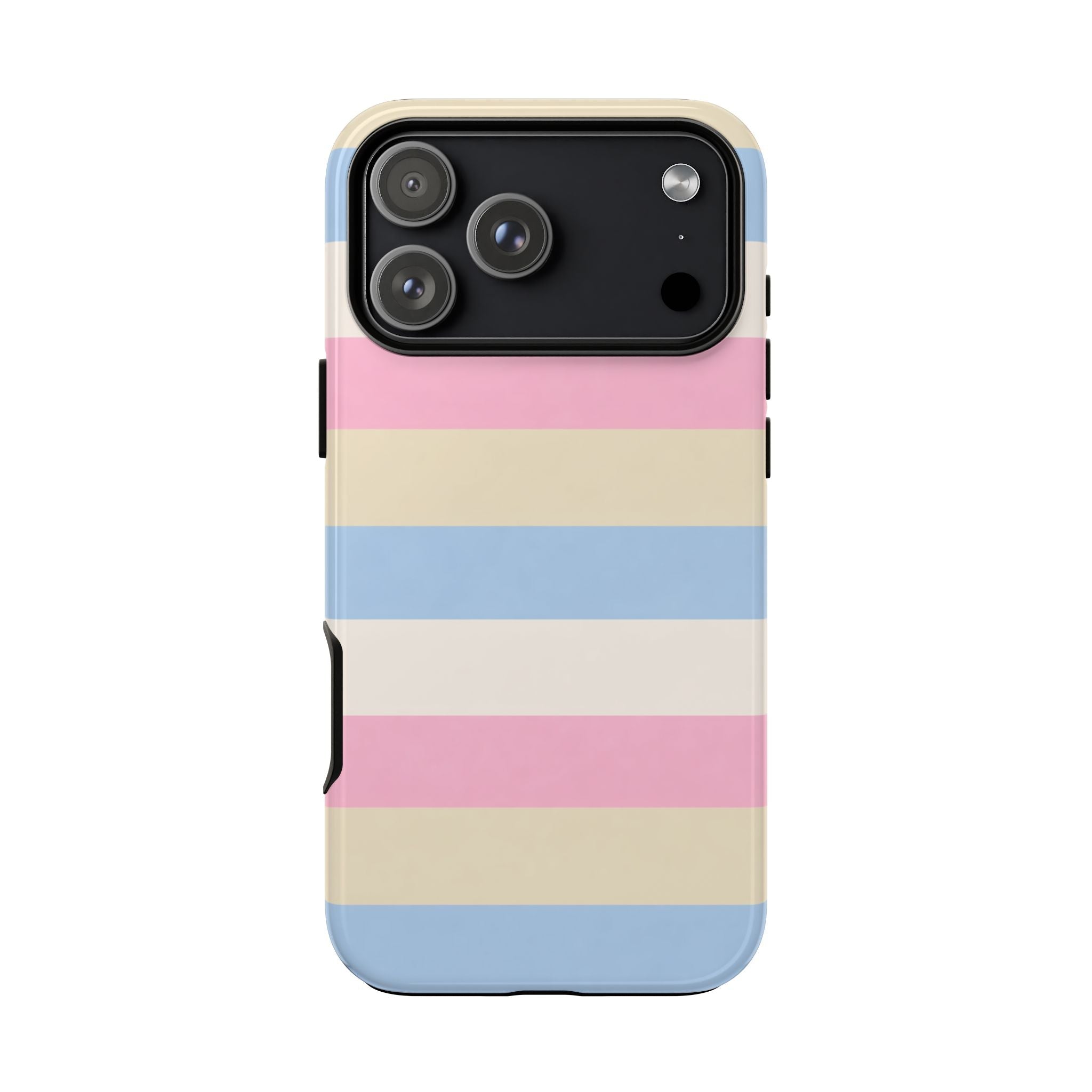 Marshmallow stripes phone case with blue, pink, and cream bands and camera cutout