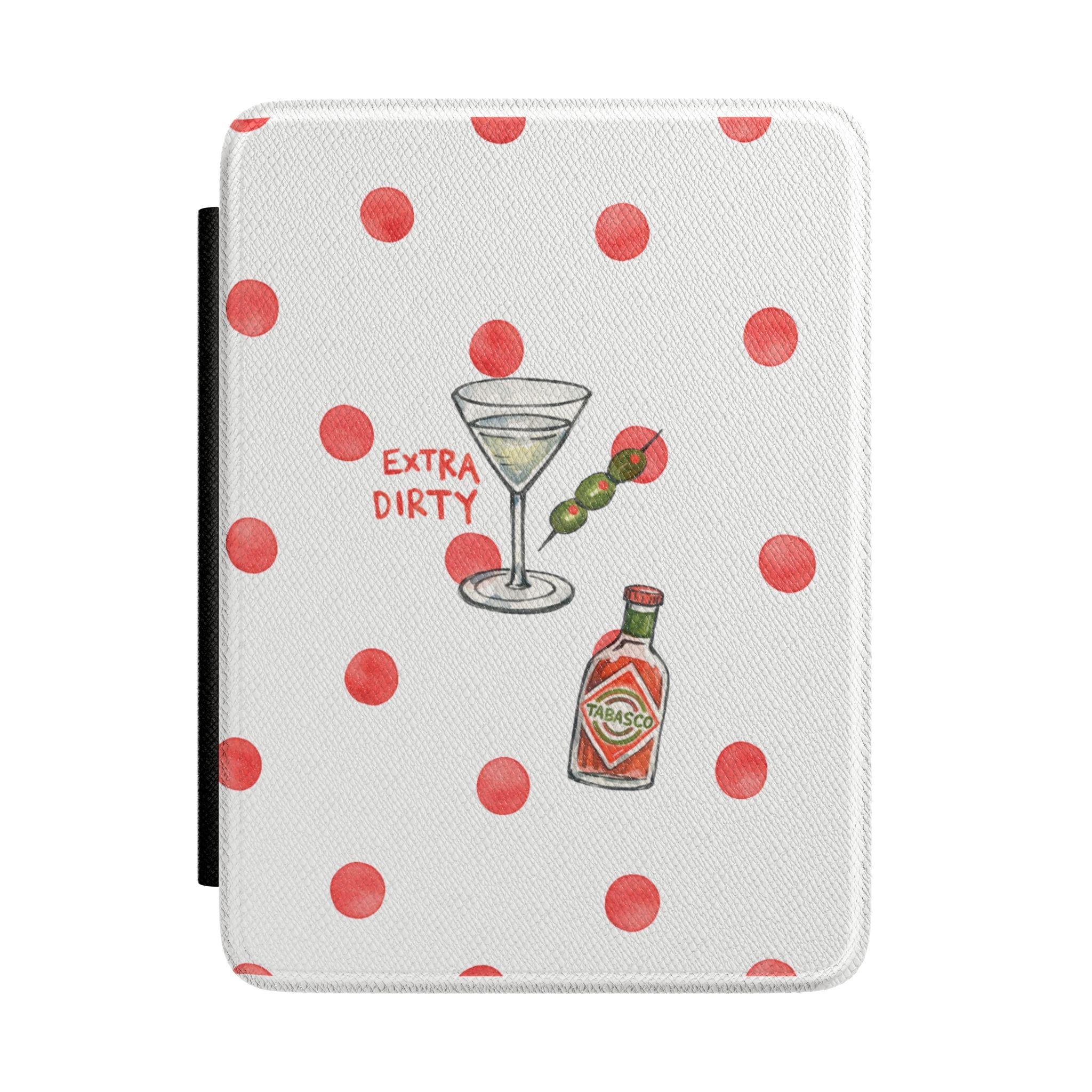 MARTINI Kindle hardcover case in white with red polka dots and martini bottle graphic