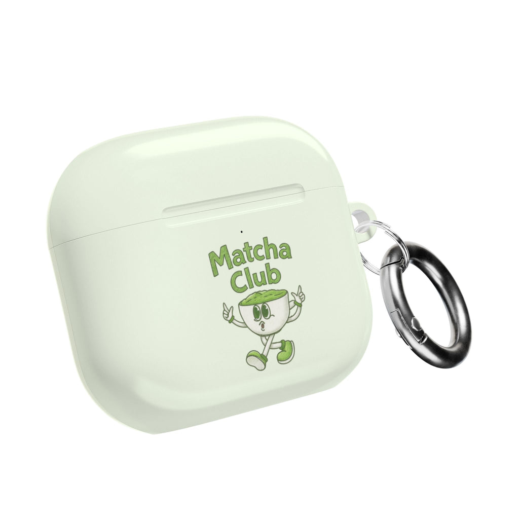 Light matcha green AirPods case, closed with Matcha Club logo and metal keyring