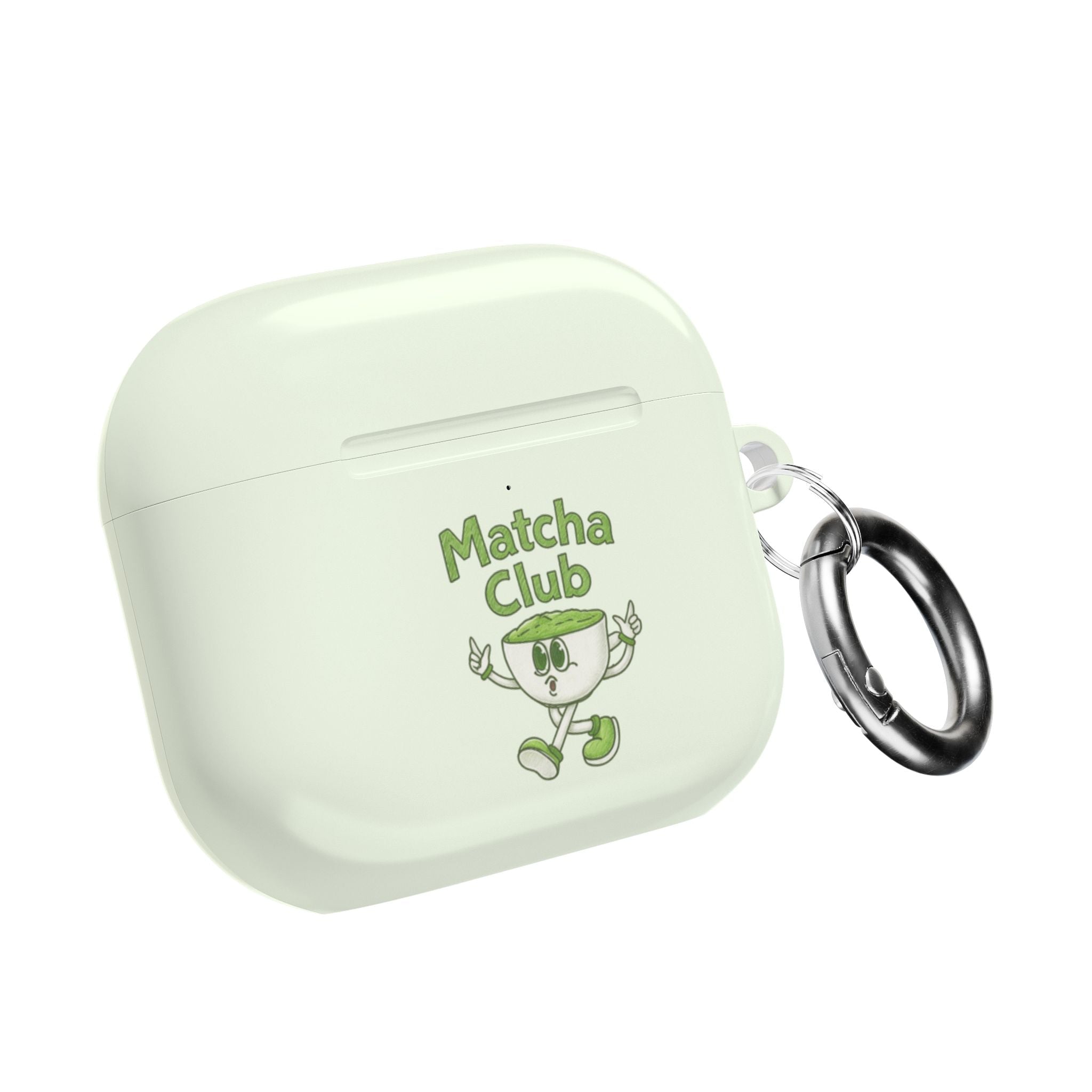 Light matcha green AirPods case, closed with Matcha Club logo and metal keyring