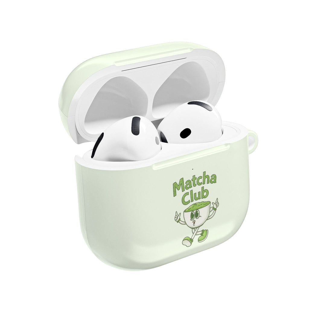 Light matcha green AirPods case, open with white earbuds and Matcha Club graphic