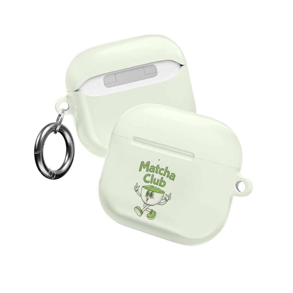 Light matcha green AirPods case front view with Matcha Club logo and dual keyrings
