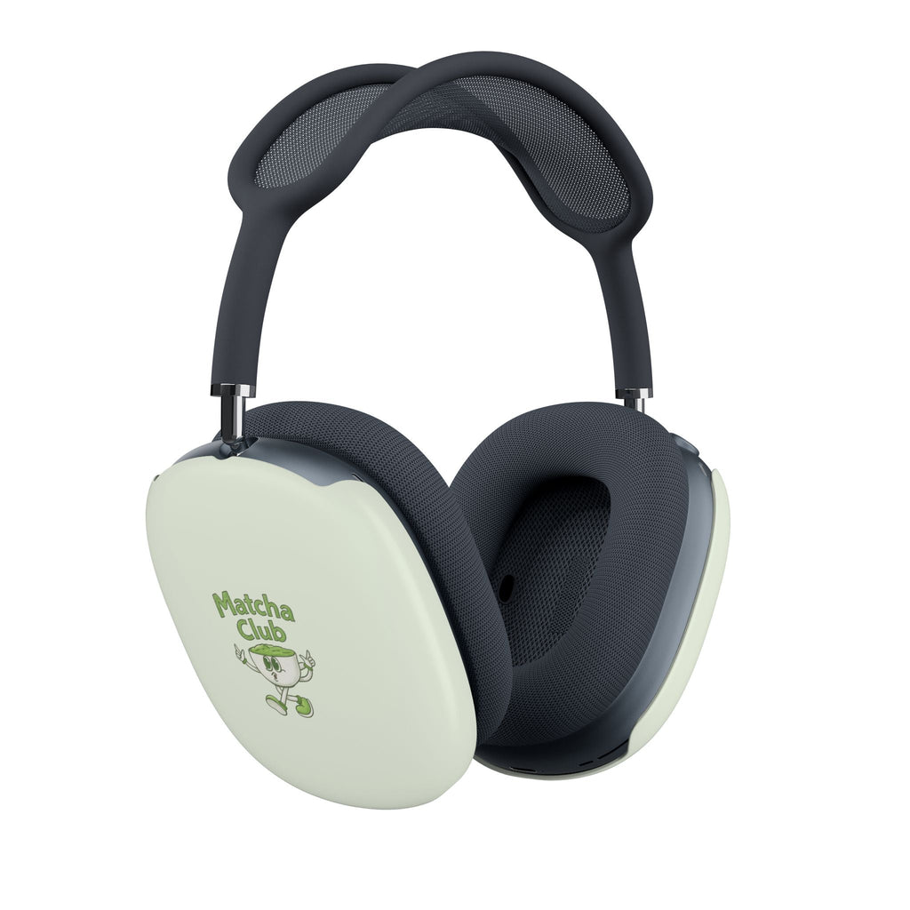 AirPods Max ear cup covers in light mint with Matcha Club logo on headphones