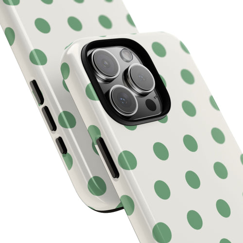 Matcha cream polka dot phone case with green dots, close-up of camera protection