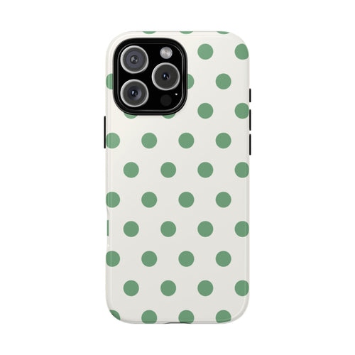 Matcha cream phone case with green polka dots, raised camera cutouts