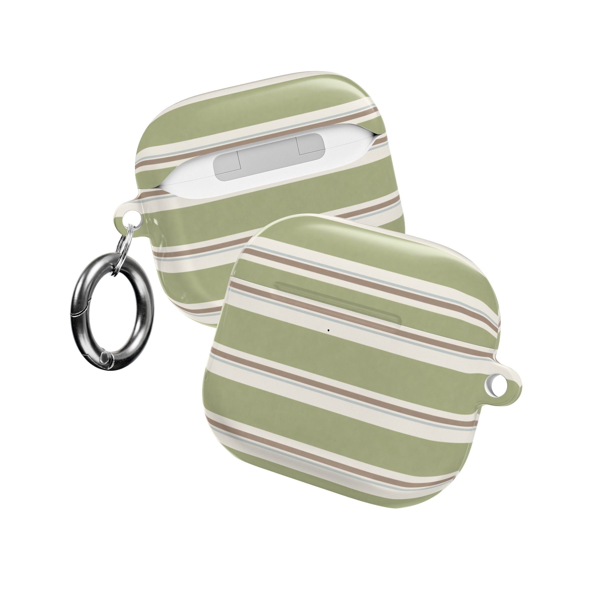Matcha cream striped AirPods case showing side with key ring and cutouts