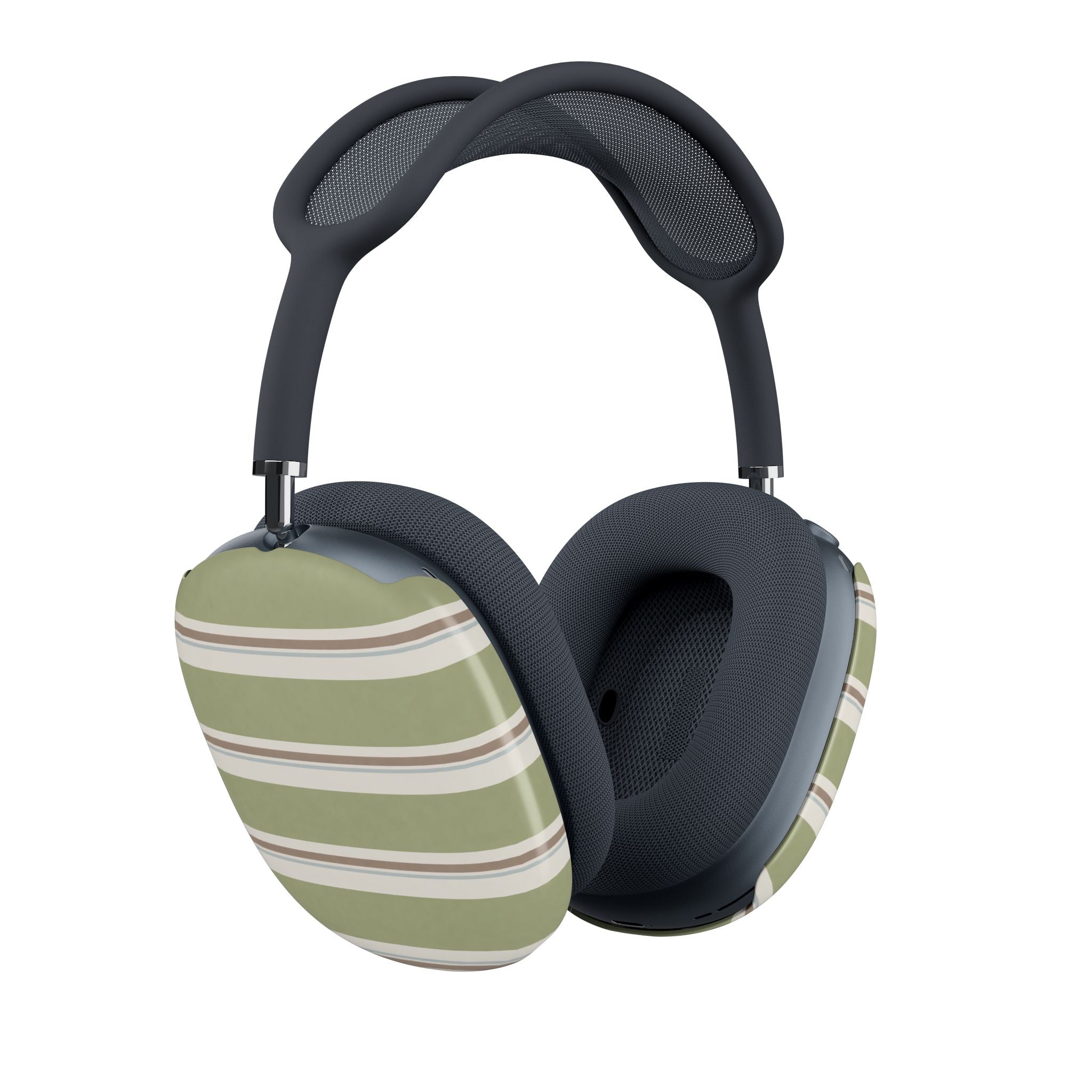 AirPods Max case covers with sage green, cream, and brown horizontal stripes