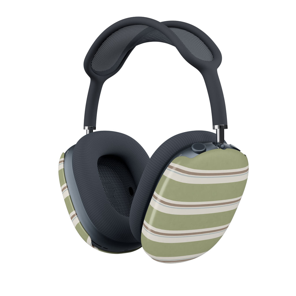 AirPods Max case covers in sage green and cream with horizontal stripe pattern