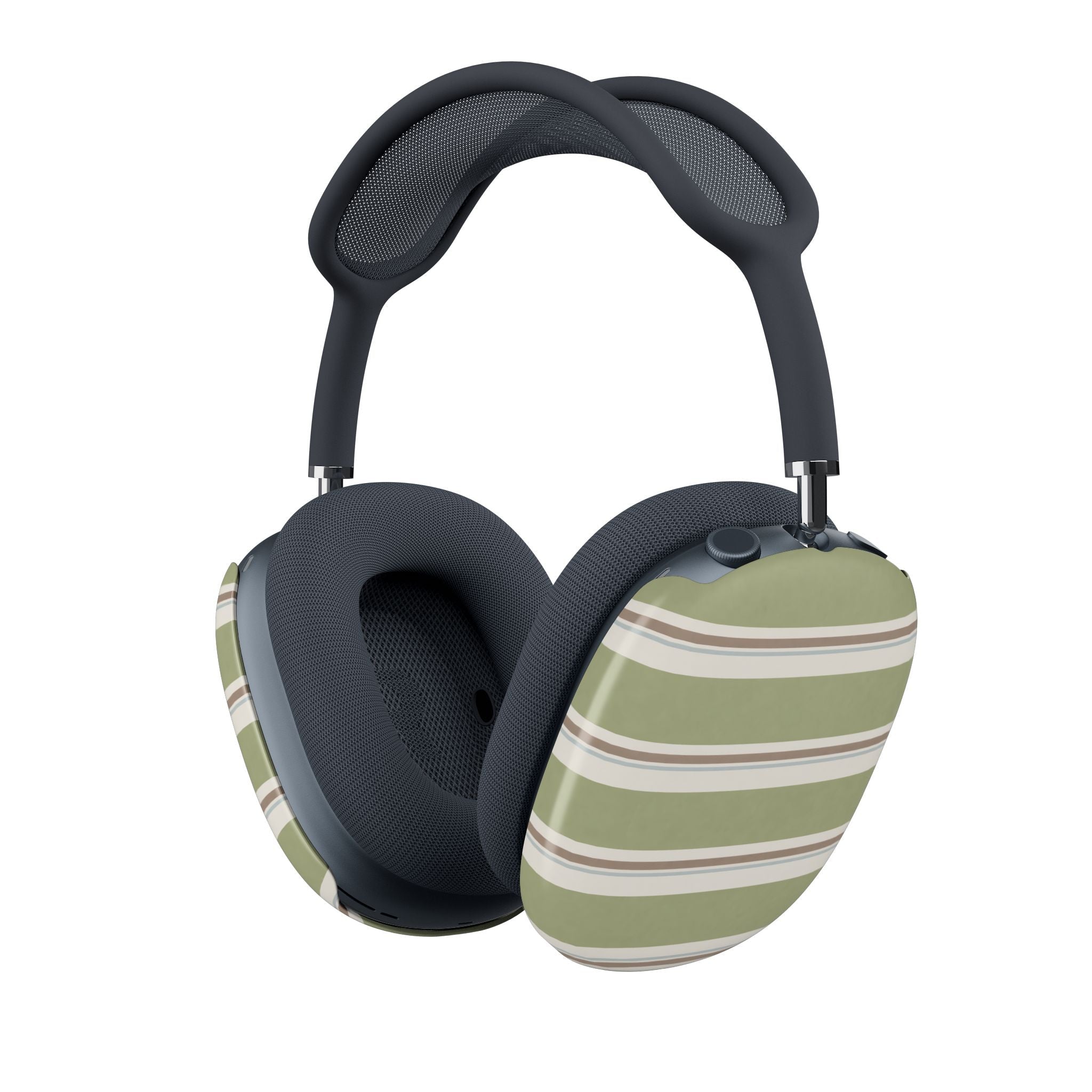 AirPods Max case covers in sage green and cream with horizontal stripe pattern