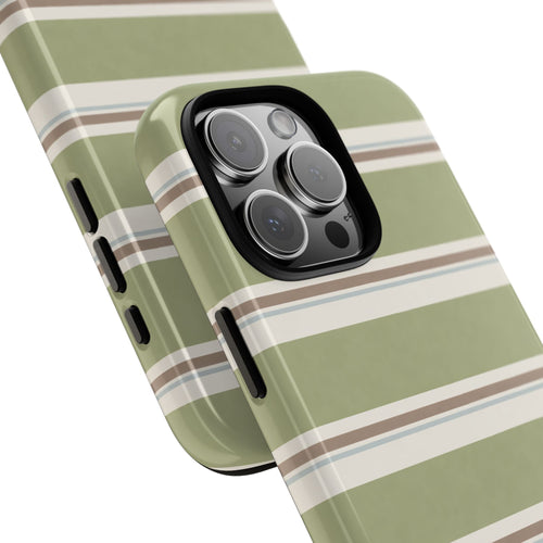 Striped phone case in matcha green with cream-brown lines, angled view of camera area