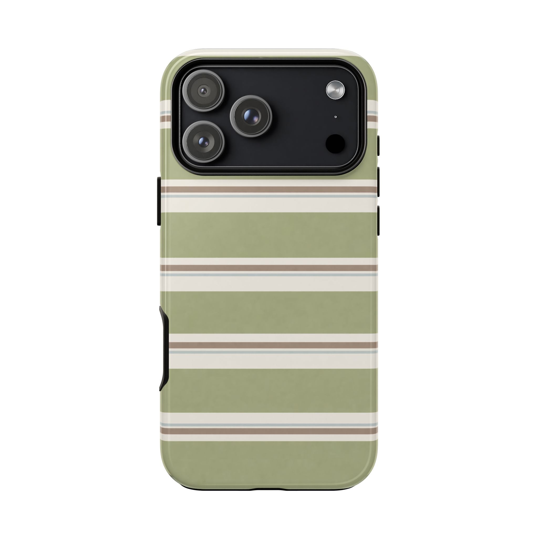 Matcha cream striped phone case, slim profile with raised camera island and horizontal bands