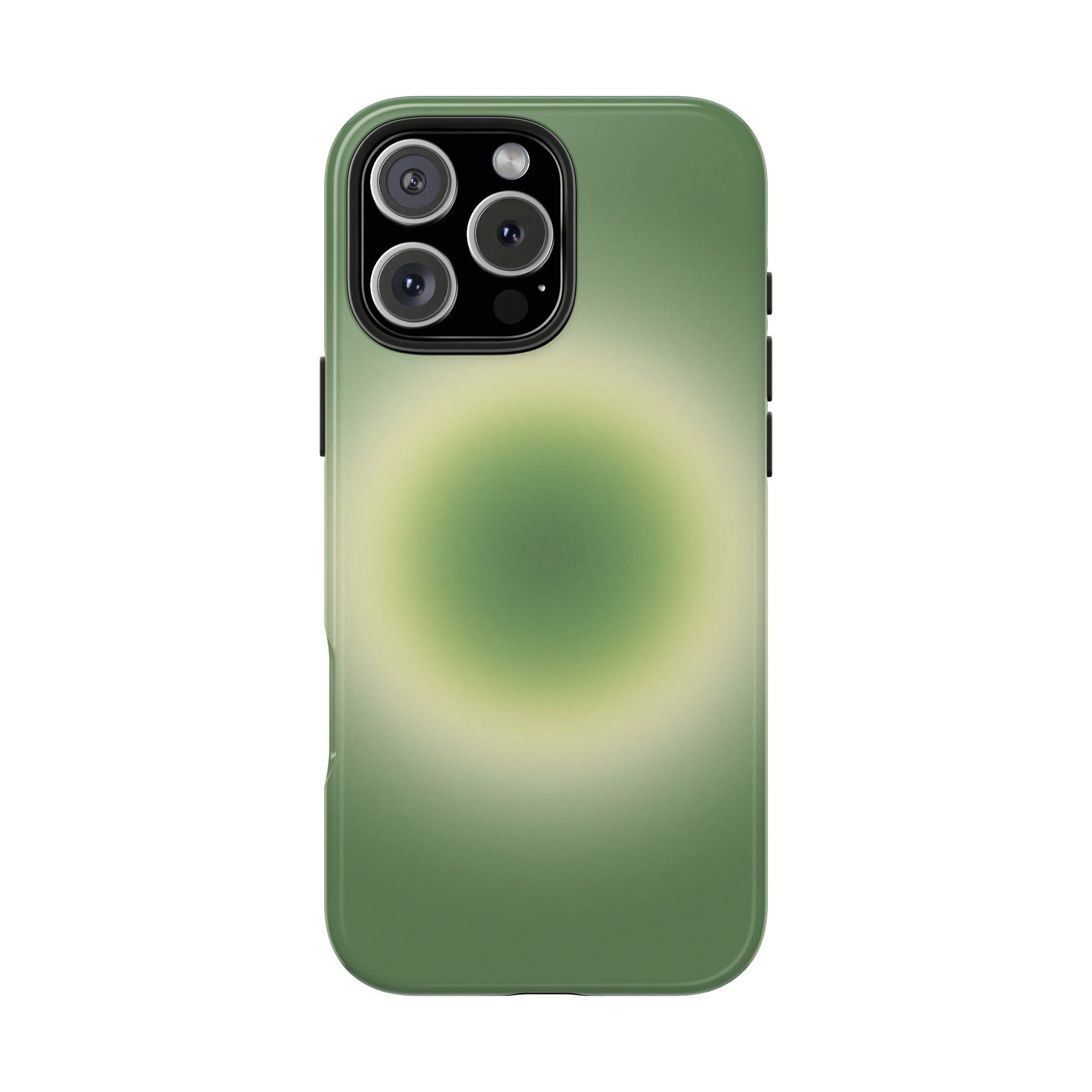 Matcha green aura phone case back with camera lenses and ring light pattern