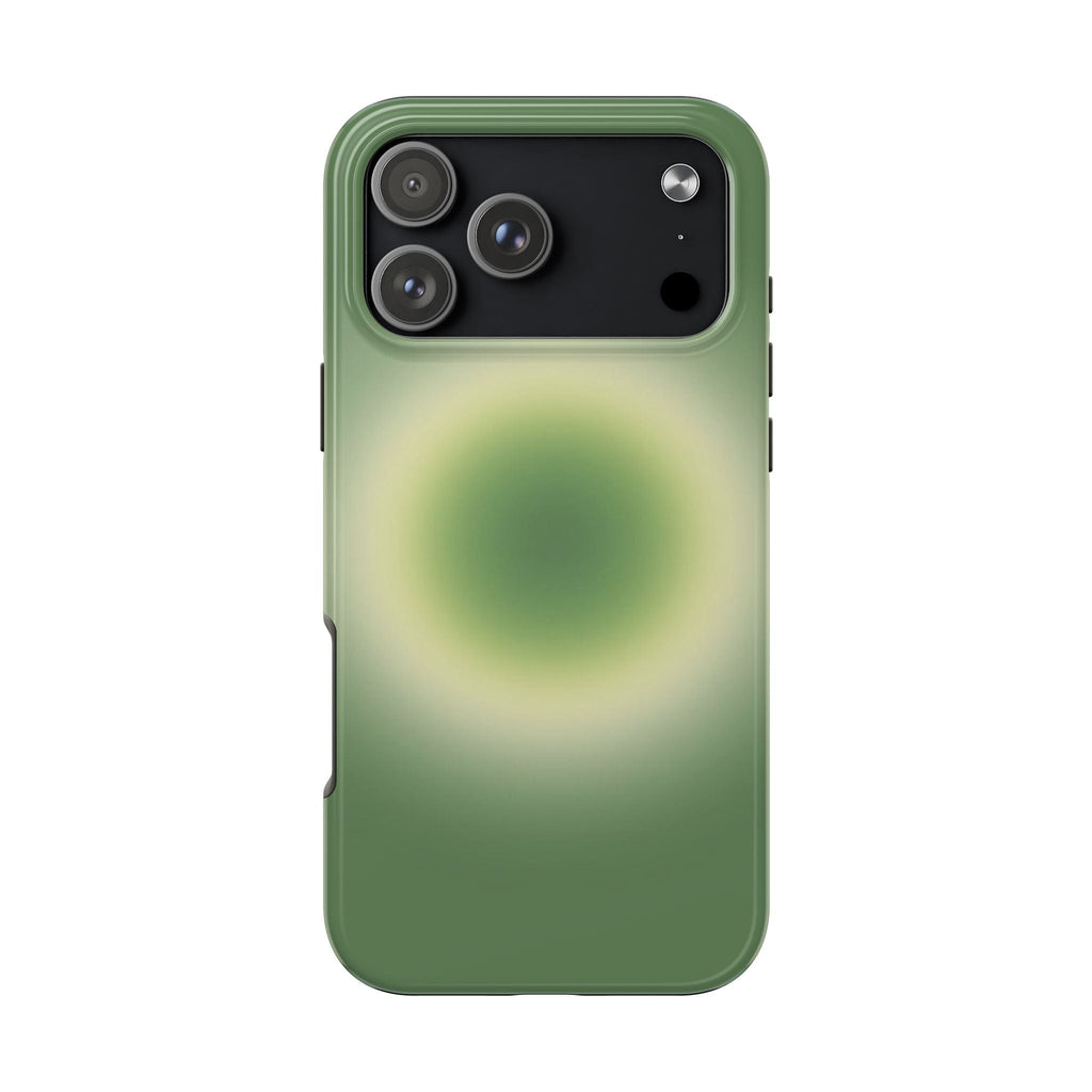 Matcha green aura phone case side view showing camera bump and glowing halo graphic