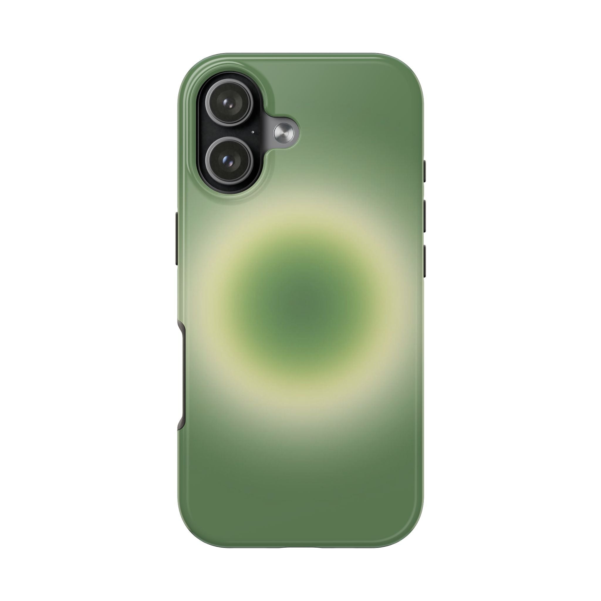 Matcha green aura phone case with circular glowing design, raised camera cutouts