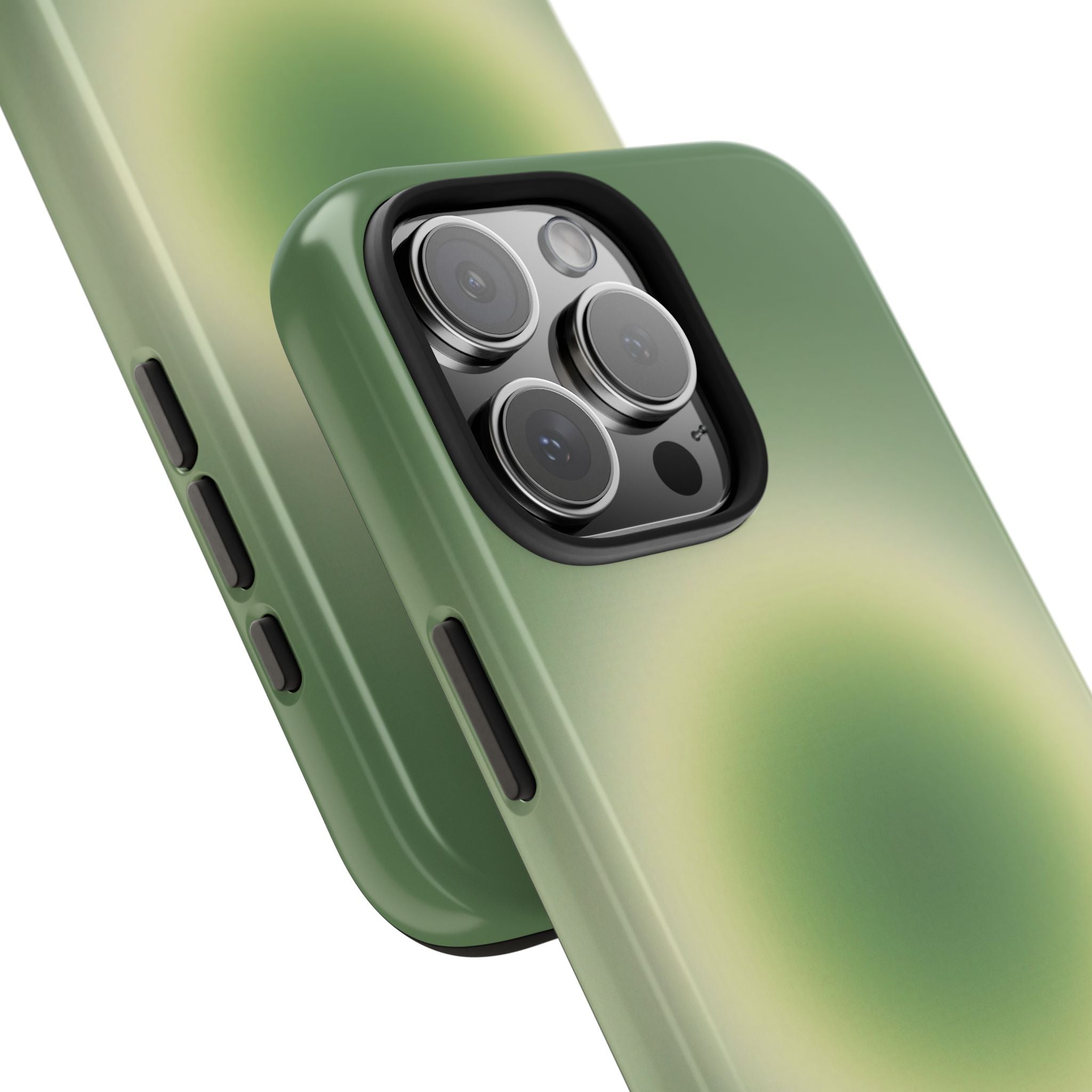 Matcha green aura phone case close-up with triple lens cutout and soft yellow-green glow