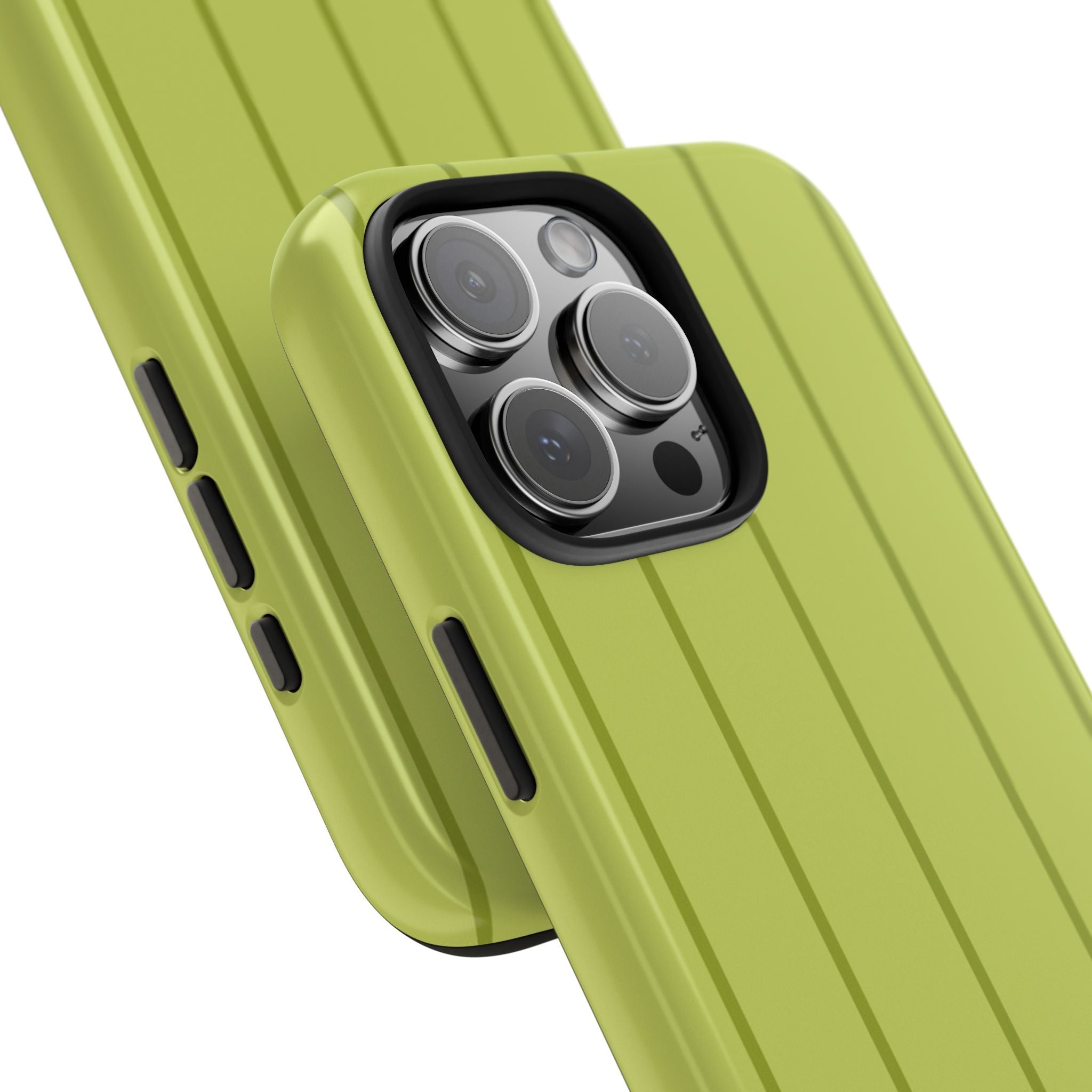 Matcha green case detail: vertical stripes with camera lens covers and side buttons