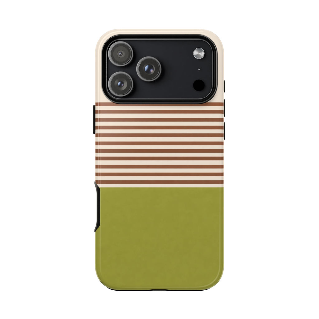 Matcha latte striped phone case, horizontal brown stripes over green base; side buttons