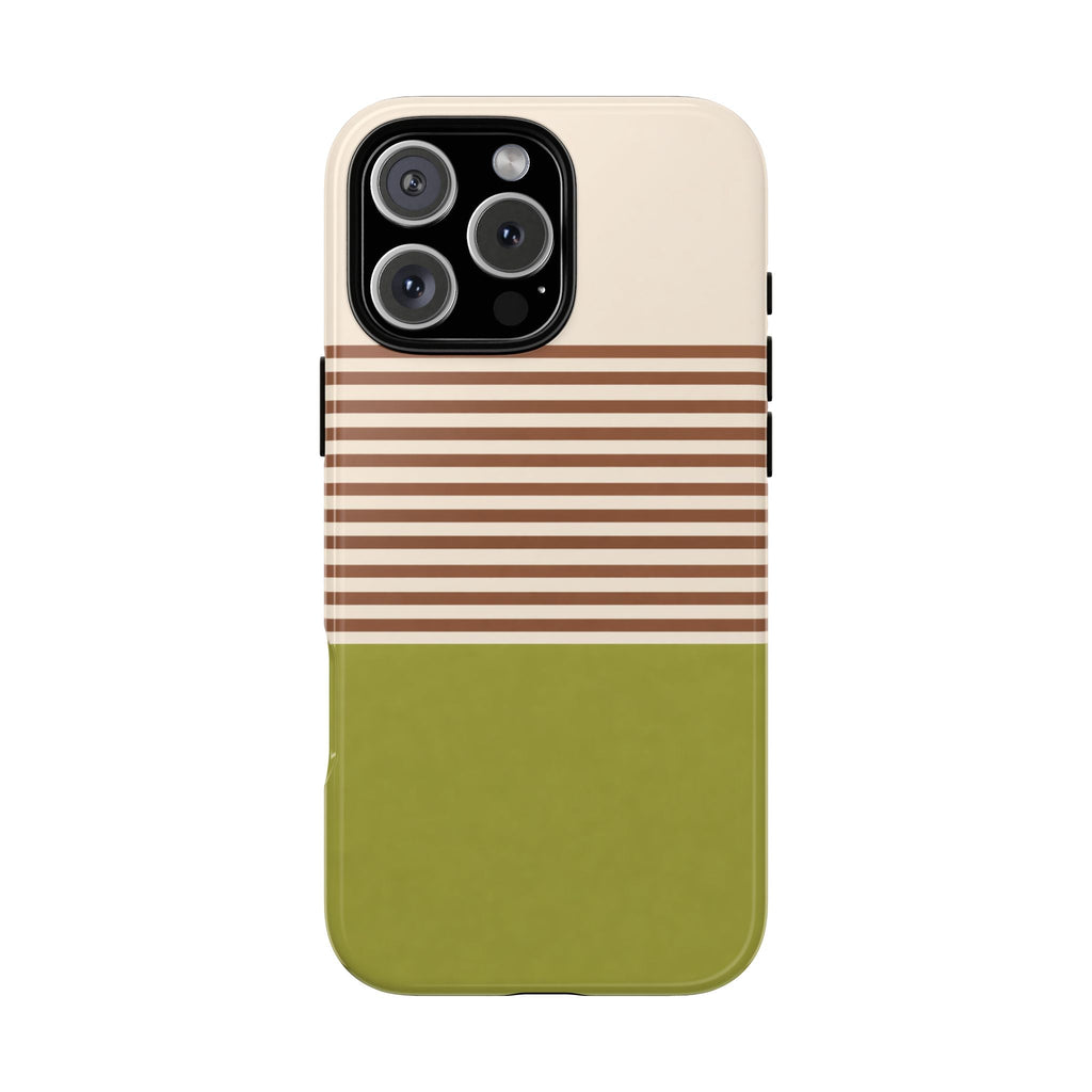 Matcha latte striped phone case with horizontal tan and green bands, camera cutouts