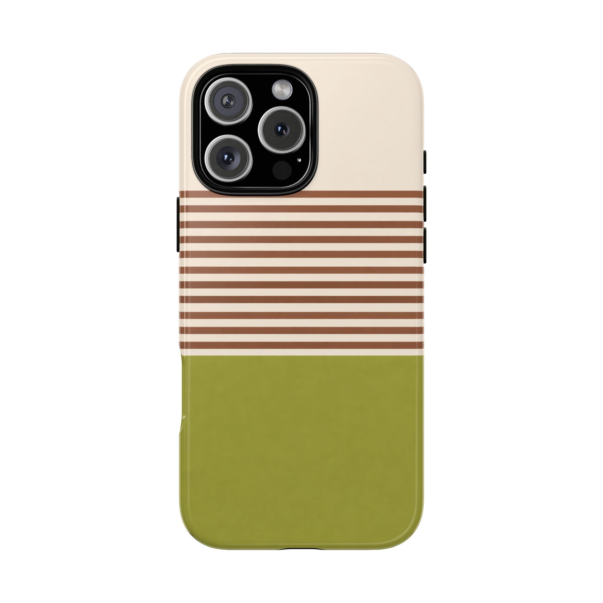 Matcha latte striped phone case with horizontal tan and green bands, camera cutouts