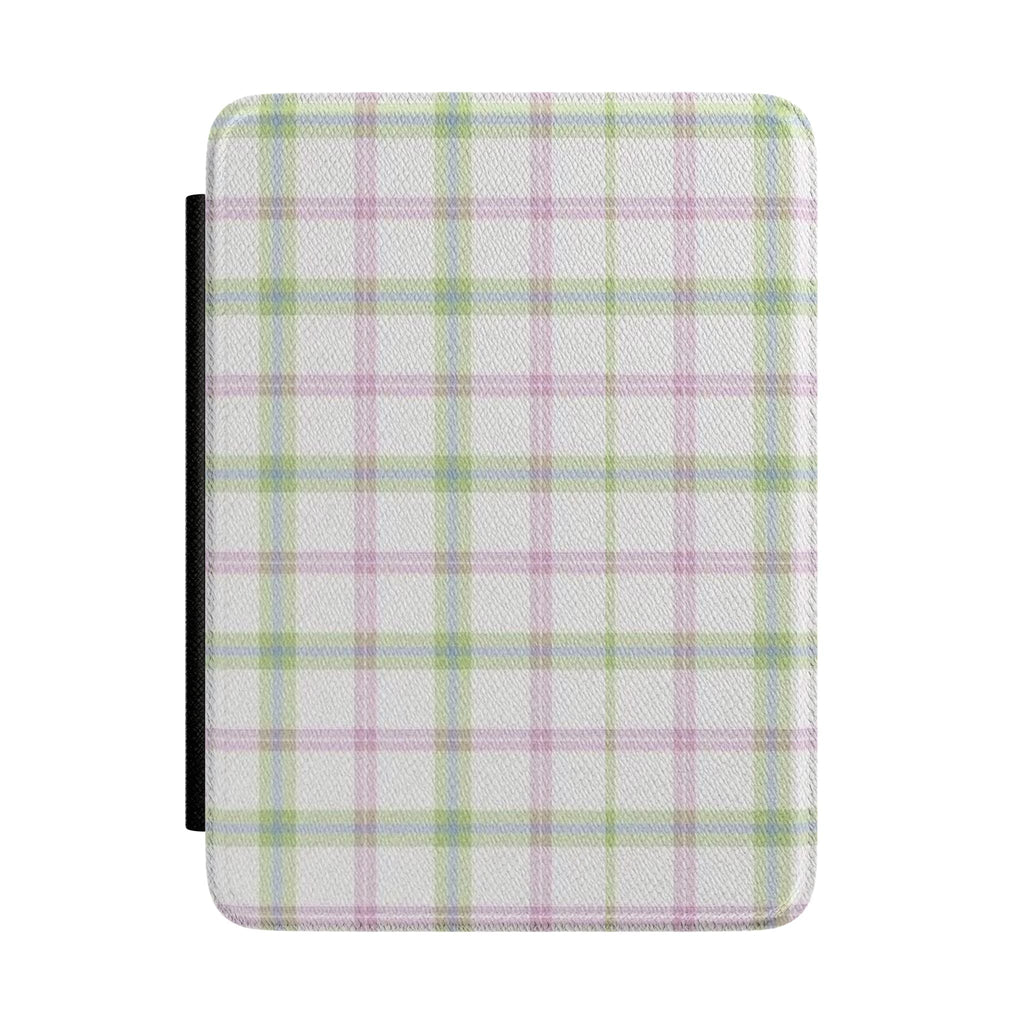 Matcha plaid hardcover Kindle case, light cream with green and pink grid, black edge