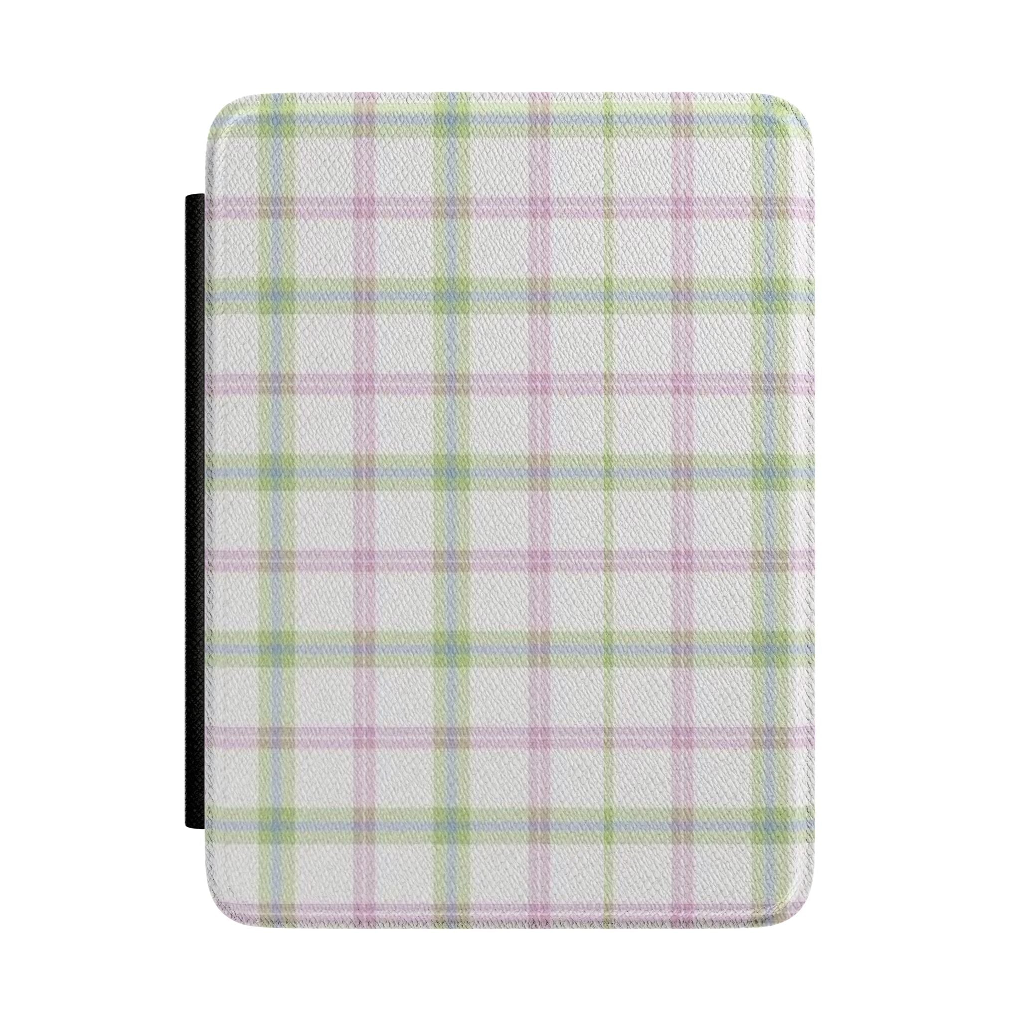 Matcha plaid hardcover Kindle case, light cream with green and pink grid, black edge
