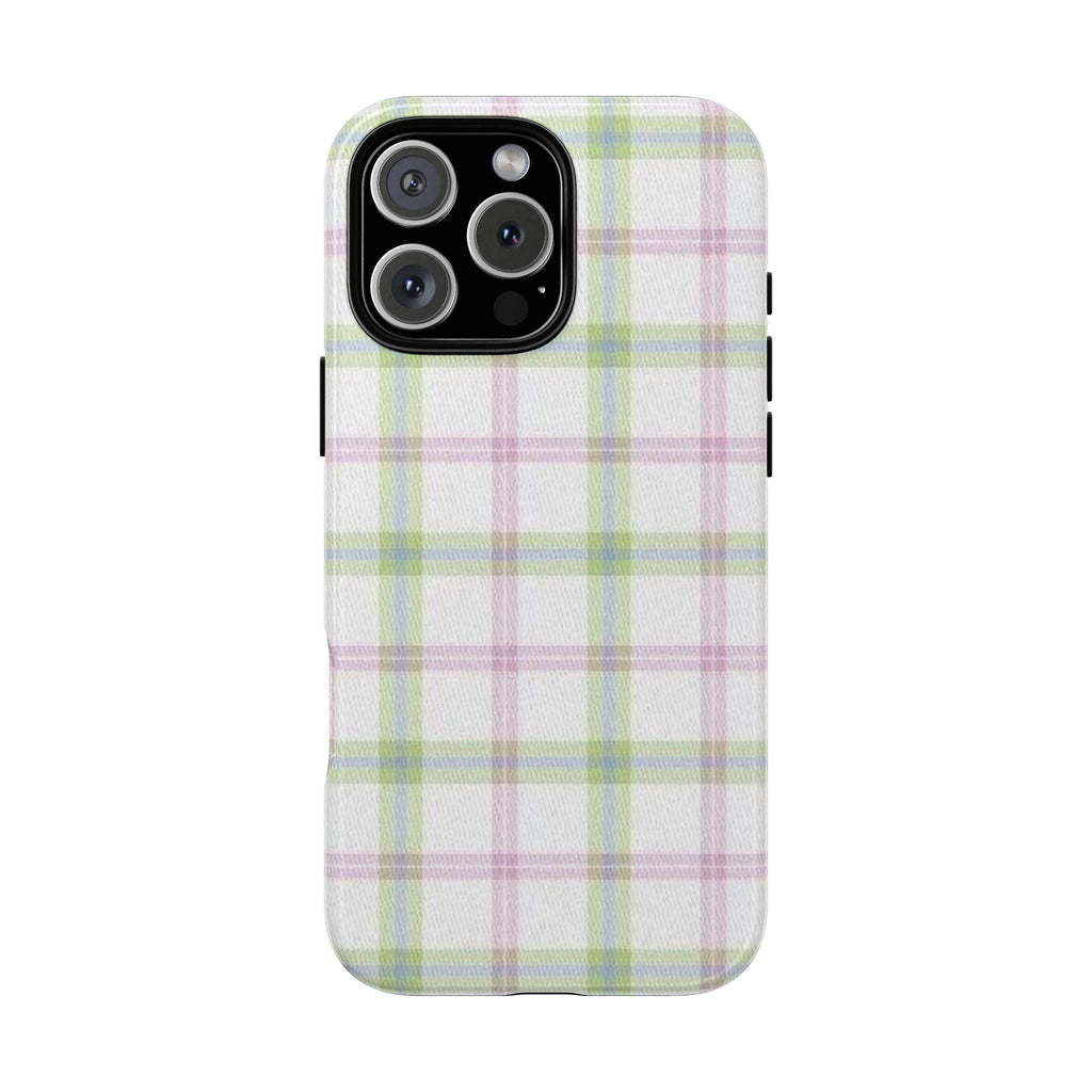 Matcha plaid phone case with pastel grid and raised camera cutouts
