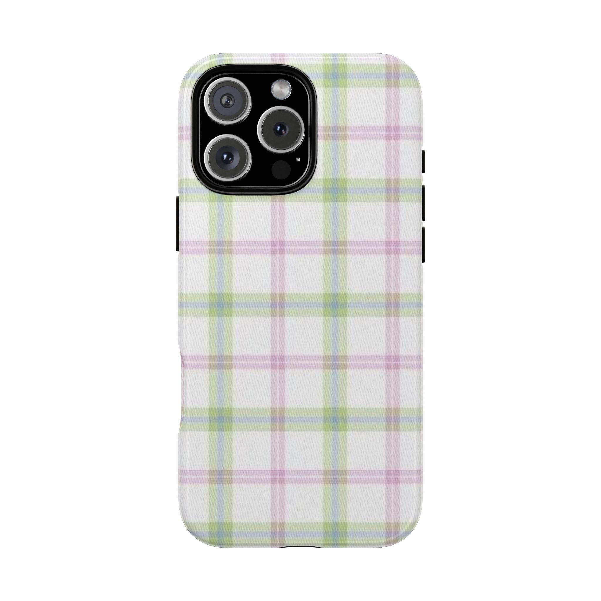 Matcha plaid phone case with pastel grid and raised camera cutouts