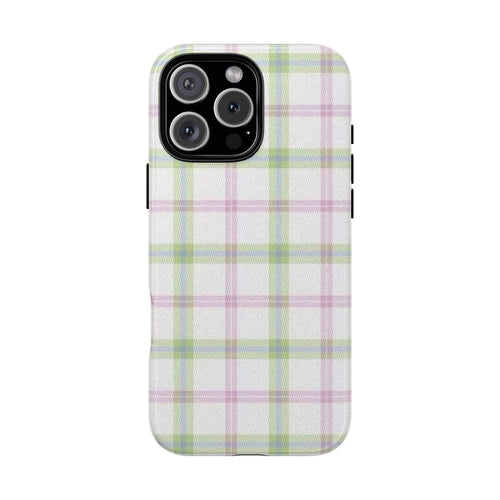 Matcha plaid phone case with pastel grid and raised camera cutouts