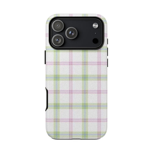 Pastel plaid phone case back with camera lenses and visible side openings