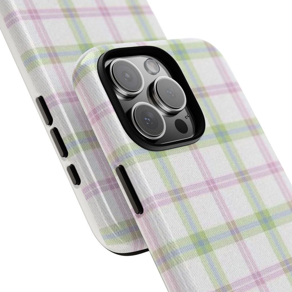 Pastel plaid phone case showing side grip slots and camera bump cutout